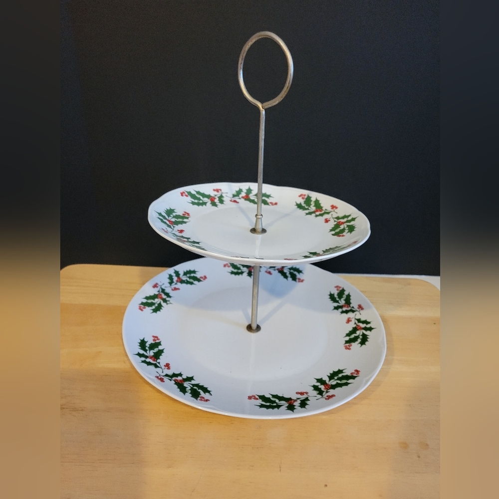Vintage Apulum Christmas Holly & Berry Two Tier Dessert Serving Plate